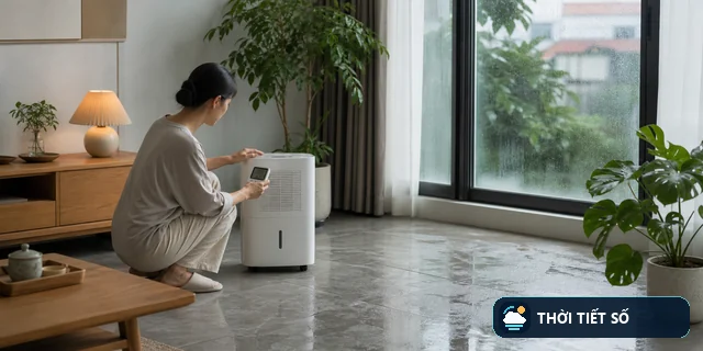 Gia đình kiểm tra độ ẩm và làm khô căn phòng trong ngày nồm ẩm