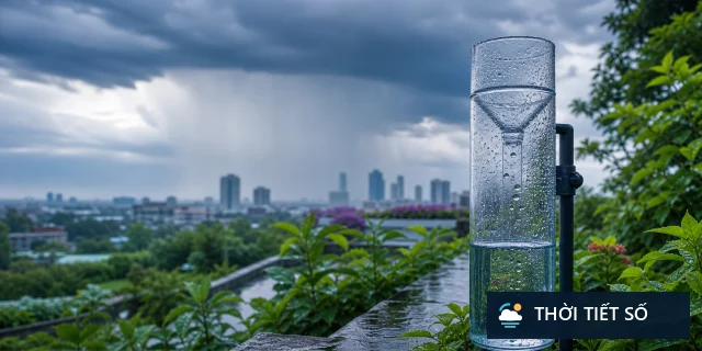 Vũ lượng kế ngoài trời dưới mây mưa minh họa cách đọc lượng mưa mm