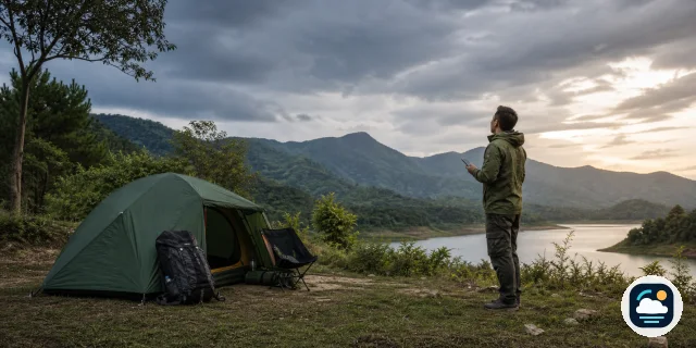 Người cắm trại kiểm tra bầu trời bên lều được dựng trên nền cao ráo