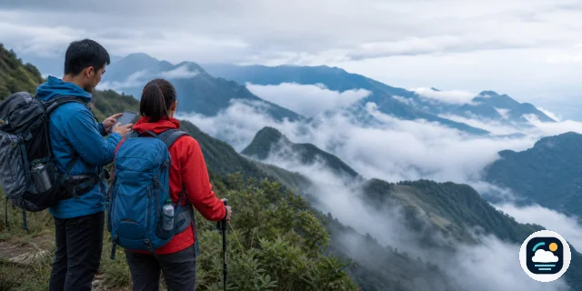 Nhóm leo núi kiểm tra mây gió và bản đồ tại điểm quan sát an toàn