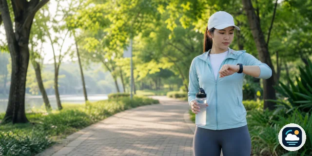 Người chạy bộ kiểm tra thời tiết trên đồng hồ tại công viên nhiều bóng râm