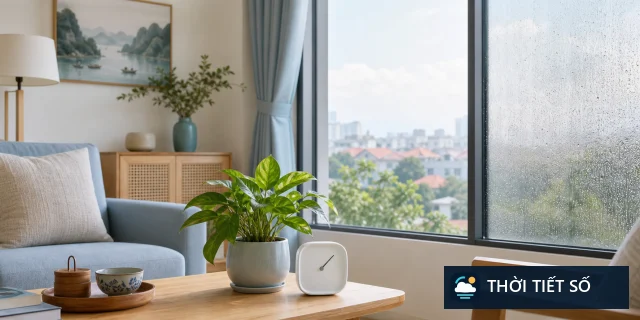 Phòng khách có cây xanh và cửa kính đọng hơi minh họa độ ẩm không khí